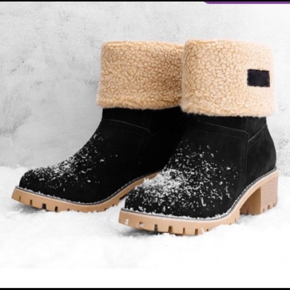 Black Plush-Lined Fold-Over Boot - Women